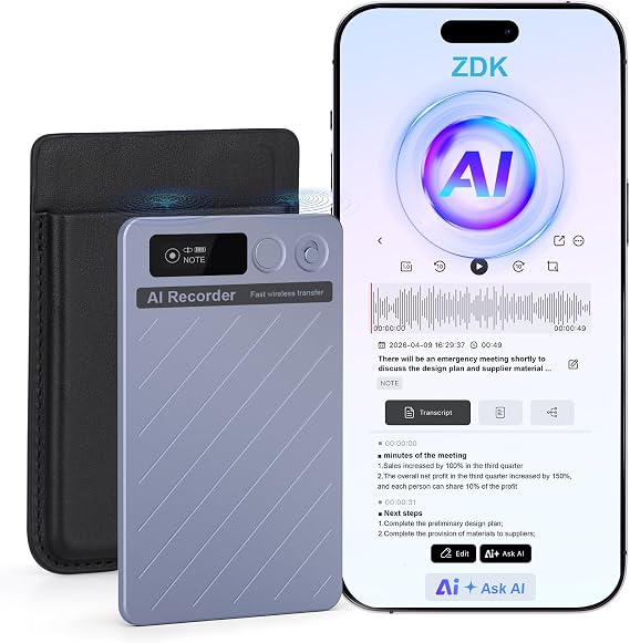 AI Voice Recorder with APP Control Transcribe & Summarize Analysis, Supports 150+ Languages 64GB Pocket Note Taker for Meetings & Calls, Mini Voice Recorder with LCD Display, Case Included