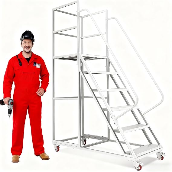 6 Step Rolling Ladder with Wheels, 6.5ft Heavy Duty Industrial Rolling Staircase | 1200LB Capacity, Non-Slip Treads, 4 Brake Casters, Handrail | Portable Work Platform for Warehouse, Supermarket