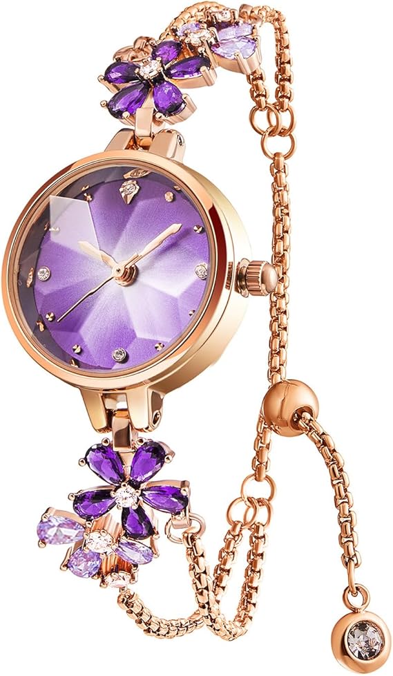 Women Watch Japanese Quartz Fashion Wrist Watch for Women 18K Yellow Gold Ion Plated Rose Gold Tone Stainless Steel/Brass Strap with Diamond Ladies Bracelet Watch, Purple, Classic