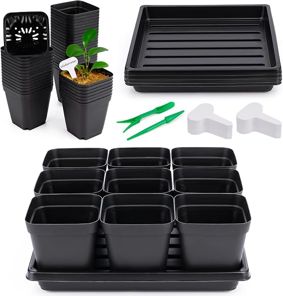 Seed Starter Tray Kit 3.5" 50 Pcs Square Nursery Pots Trays 9 Cell Seed Starting Pots with Drainage Holes 5 Pcs Seed Starting Trays 20 Plant Labels Planting Tool and 1 Pen Planter Nursery Propagation