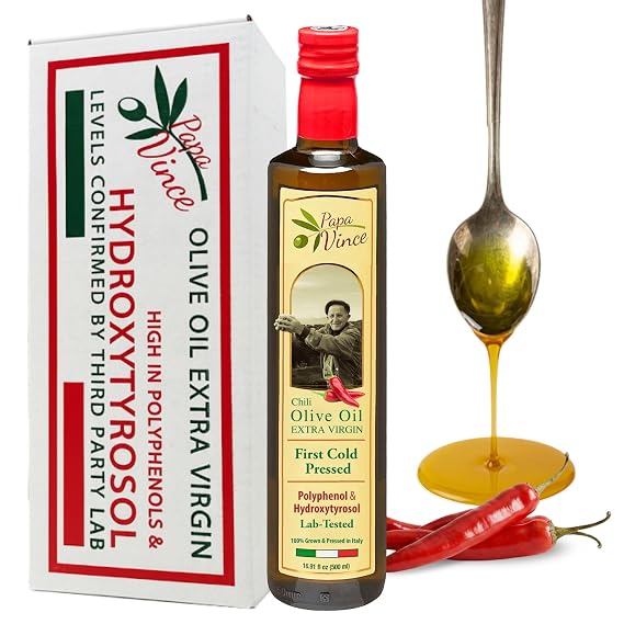 Papa Vince Olive Oil Extra Virgin - First Cold Pressed, Polyphenol Rich Olive Oil (EVOO). Chili Pepper Agrumato, Unfiltered, Single Sourced, Glass Bottle, Family made, Sicily, Italy