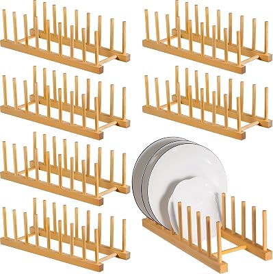 Domensi 6 Pcs Bamboo Dish Drying Rack Wooden Plate Rack Pot Lid Organizer Bamboo Wood Dish Organizer for Cabinet Wooden Plate Holder Storage Strainer for Counter Bowl Cup