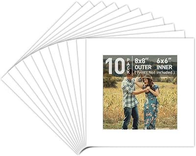 Golden State Art, Pack of 10 Acid Free 8x8 for 6x6 White Picture Mats, Bevel Cut White Core Frame Mattes for Photos