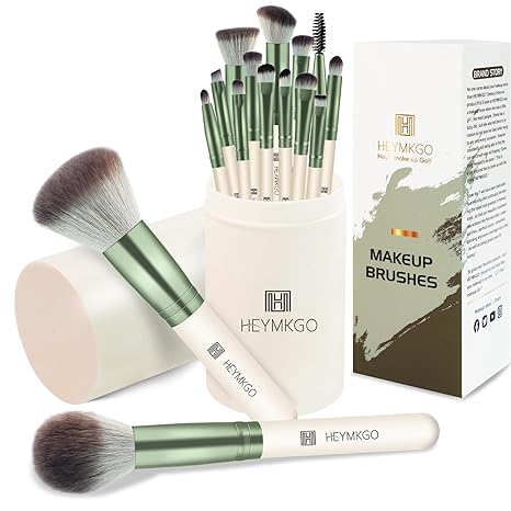 HEYMKGO Makeup Brush Set 15 Pieces Make Up Brush Set with Brush Holder High-Quality Synthetic Bristles Foundation Kabuki Concealer Blending Lips Eyeshadow Highlighter Eyebrow Brush