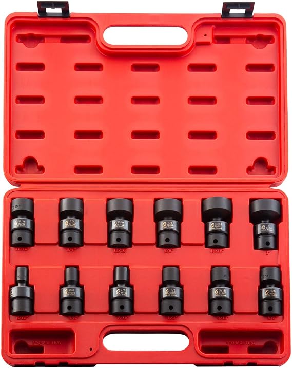 SUNEX TOOLS 3690, 3/8 Inch Drive Universal Impact Socket Set, 12-Point, 12-Piece, SAE, 5/16" - 1", Cr-Mo Alloy Steel, Radius Corner Design, Heavy Duty Storage Case