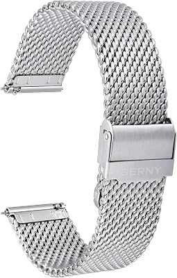 BERNY Stainless Steel Mesh Watch Band for Mens Women Quick Release Adjustable Milanese Watch Straps Thick Heavy Duty Metal Bracelet with Safty Clasp Black Silver 18mm 20mm 22mm 24mm