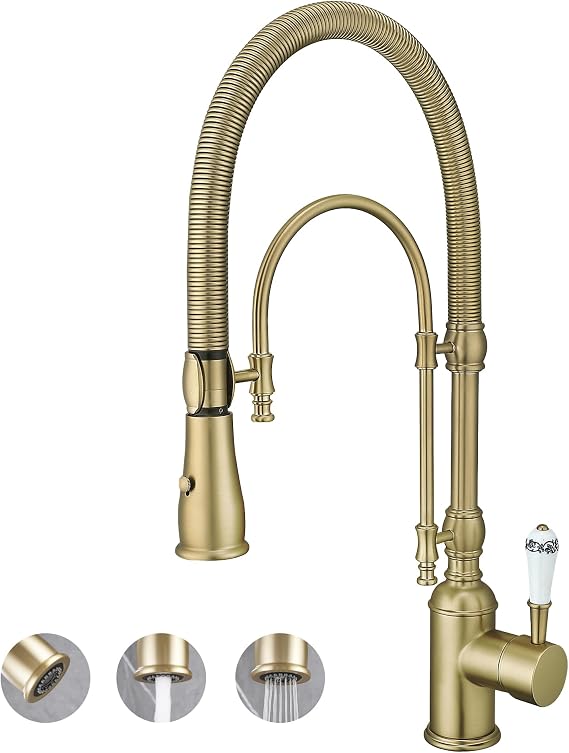 Antique Classic High Arc Kitchen Faucet Single Handle Pull Down Sprayer Swivel Commercial Kitchen Sink Faucets for Farmhouse, Brushed Gold