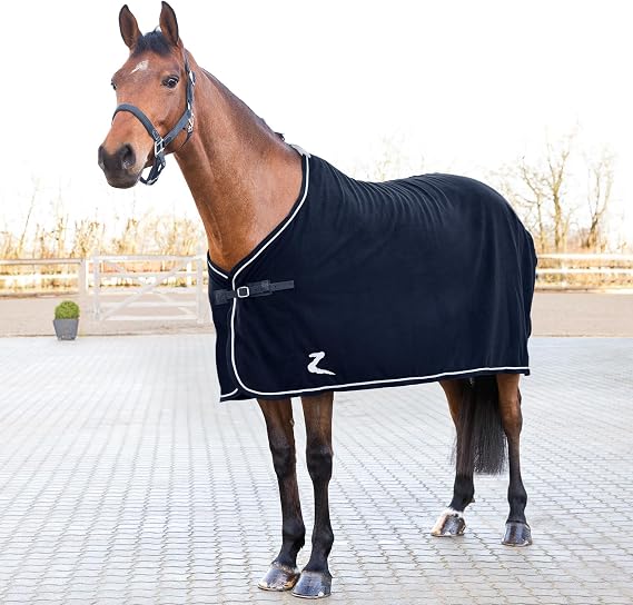 Horze Fleece Show Cooler for Horses | Moisture-Wicking, Anti-Pill Equestrian Blanket | Ideal for Travel, Shows, Everyday Use & Cool Downs - Navy Blue/Silver - 69 in
