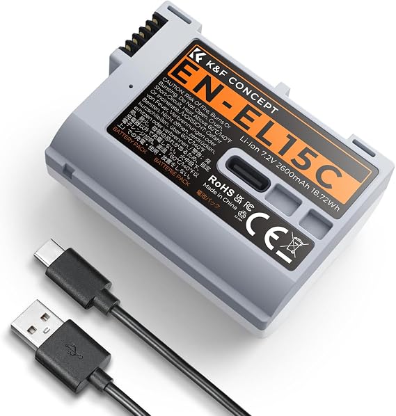 K&F CONCEPT 2600mAh EN-EL15C Battery, USB-C Fast Charging Z6iii Battery Compatible with Nikon ZR, Z8, Zf, Z7, Z6, Z7ii, Z6ii, Z5, D850, D810, D810A, D780, D750, D610, D500, D7500, D7200 Camera