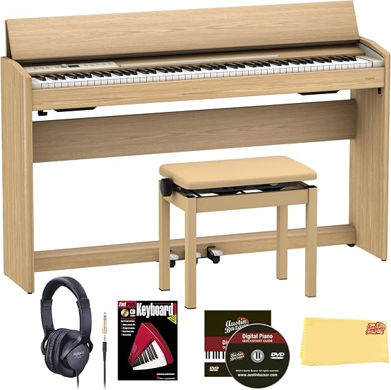 Roland F701-LA Digital Upright Piano - Light Oak Bundle With Headphones, Instructional Book, Austin Bazaar DVD, Online Lessons, and Polishing Cloth