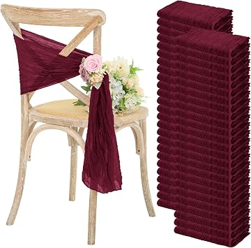 YMHPRIDE 50 PCS Wedding Cheesecloth Chair Sashes,Bows Designed Chair Sashes for Wedding Party Banquet Restaurant Hotel Folding Chair Covers Decoration(Burgundy,15.7x70 inch)