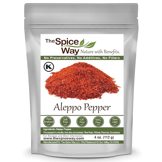 The Spice Way Premium Aleppo Pepper Ground 4 oz Crushed Mild Chile Flakes | Also known as Pul Biber, Marash; mild, fruity flakes for dips, eggs and roasted vegetables; Kosher Certified; Resealable Bag