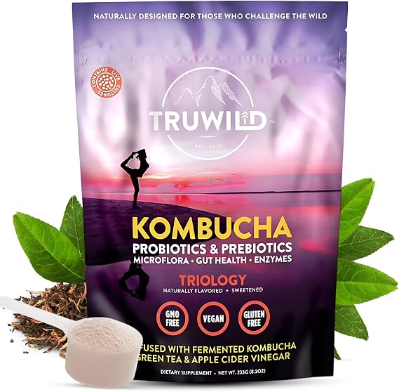 TruWild Natural Kombucha Powder Probiotic Supplement Vegan Drink Mix Gut Health Digestive Enzymes w/Live Cultures + Apple Cider Vinegar & Prebiotics 20 Servings