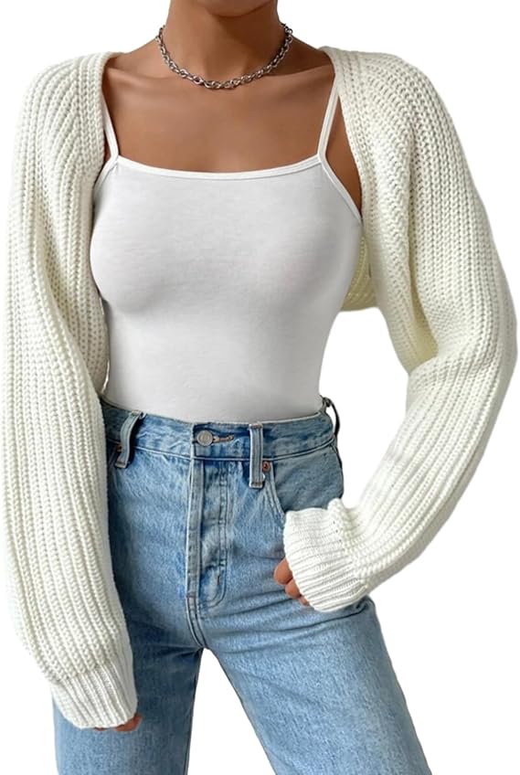 Qianderer Women Open Front Ribbed Knit Crop Bolero Shrug Drop Shoulder Long Sleeve Solid Loose Fit Knitted Crop Cardigan