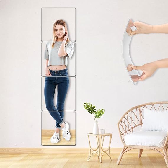 Unbreakable Small Wall Mirror Tiles, 4Pcs 8x8 Inch Wall Mirrors Decorative Adhesive Plastic Mirror for Classroom,Peel and Stick On Mirrors for Wall, Toddler Shatterproof for Walls Decor