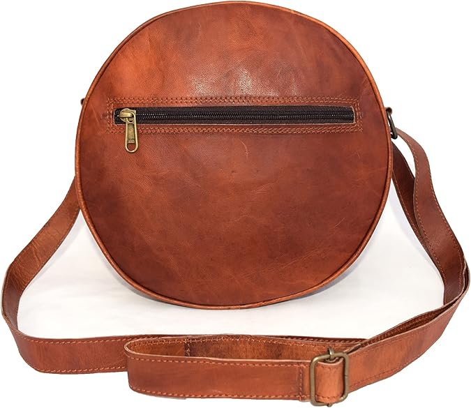 Handmade Vintage Leather Crossbody Bag Women/Teen Girls Satchel Handbag Round Messenger Sling Bags, 10 Inch Small, Brown