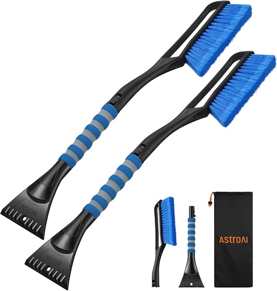 AstroAI 27" Snow Brush & Ice Scraper for Car Windshield Snow Remove, 2 Pack | Blue, Durable Heavy Duty Bristles, Scratch-Free, Detachable, Foam Grip, Winter Accessories for Car, SUV, Trucks, Storage Bag