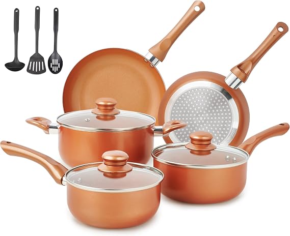 M MELENTA Pots and Pans Set Ultra Nonstick, Pre-Installed 11pcs Cookware Set Copper with Ceramic Coating, Stay cool handle & Nylon Kitchen Utensils, Gas/Induction Compatible, 100% PFOA Free | Compact Nonstick Cooking Set, Induction Cookware Set, PFOA & PFAS Free, Non-Toxic Pots and Pans, Easy Food Release