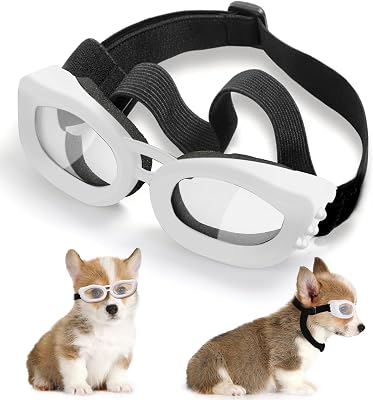 Small Breed Dog Goggles, UV Protection Windproof Anti-Fog Eye Protection, Adjustable Strap White