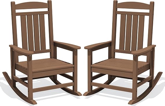 KINGYES Oversized Outdoor Rocking Chairs Set of 2, HDPE Porch Rocker, Brown
