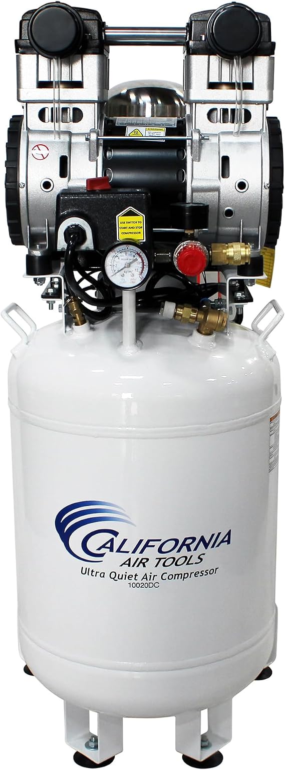 California Air Tools 10020DC Powerful 2.0 HP Ultra Quiet, Oil-Free Air Compressor, 10 Gallon Tank Capacity, 70 dB Noise Level, Electric, with 80% Air Dryer and Aftercooler, White