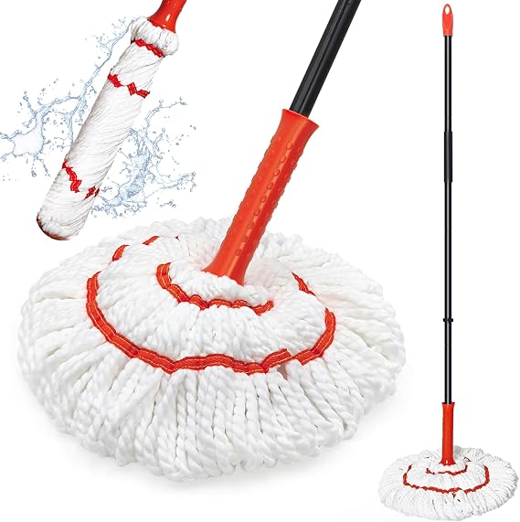 TidyBliss Self Wringing Twist Mop for Floor Cleaning, 57.5 inches Long Handle Cotton String Mop with Wringer, Washable Microfiber Wet Mop with Scouring Pad for Hardwood, Tile, Bathtub, Kitchen