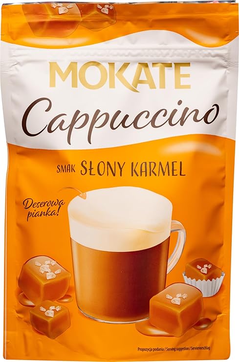 Instant Cappuccino with Salted Caramel Flavor Premium Coffee Drink Mix with Sweet Creamy Foam, Rich Caramel Coffee Powder, Instant Cafe Mokate-Style Beverage, Gourmet Flavored Cappuccino, 110g / 3.9oz