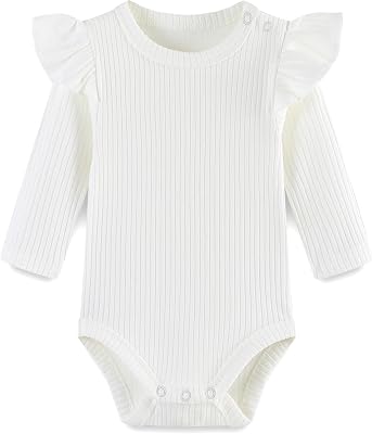 Baby Girl Knit Ruffle Outfit Clothes Ribbed 100% Organic Cotton Solid Color Long Sleeve Romper Clothes 0~24M