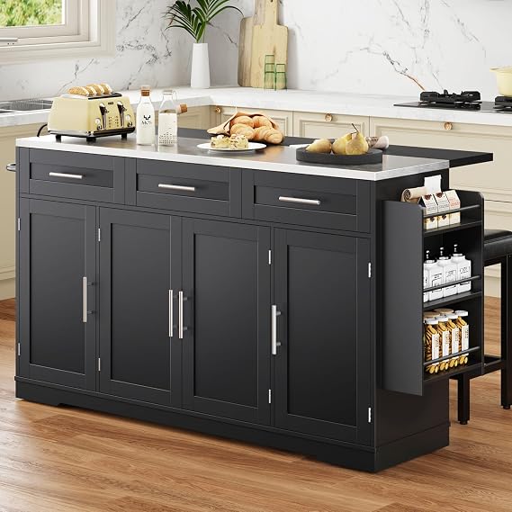 Concho 71'' Rolling Kitchen Island with Seating and Stainless Steel Countertop, Mobile Kitchen Carts with Folding Drop Leaf, 2 Bar Stools, Power Outlet, Spice/Towel Rack, Zest Black