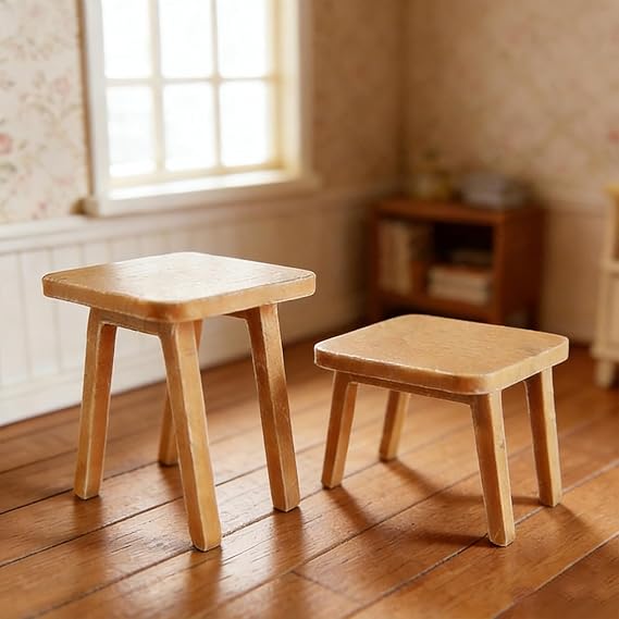 2 Mini Wooden Stools, Mini Furniture, Dollhouse Miniatures, Miniature Furniture for Kitchen Corner, Living Room or Casual Seating Scene