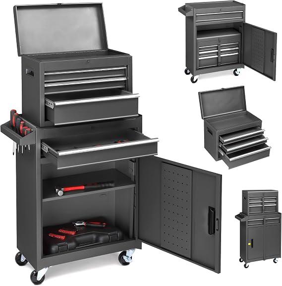 LEADZM Empty Workshop Trolley Tool Trolley Empty Tool Cabinet with Lock Case & 4 Compartments & Adjustable Shelf Ball Bearing Drawers Metal 59 x 28 x 102 cm (Black)