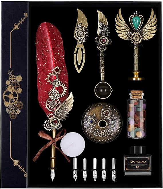Quill Pen Set, Feather Pen, Ink, Bookmarks, Seals, Nibs, Wax Bead, Envelopes, Writing Paper, Gift Box, Red