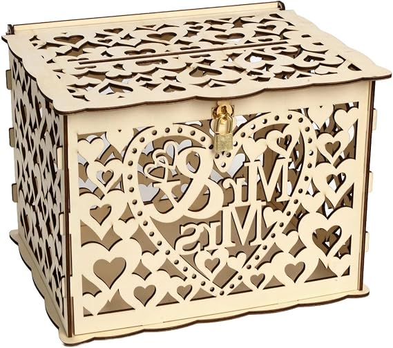 Mr & Mrs Wedding Card Holder, Large Wooden Sign in Box, Heart Carved Money Box with Lock, DIY Party Keepsake Decoration
