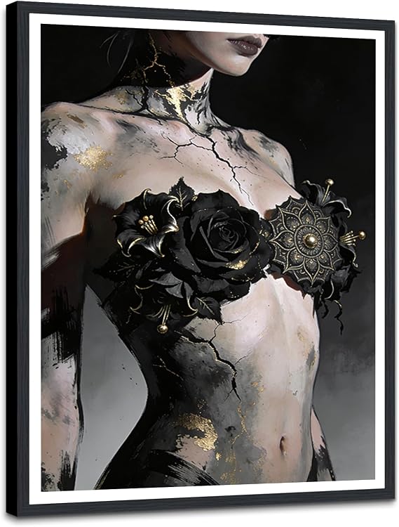 Gothic Black Gold Woman Canvas Wall Art, Framed 12x16inch