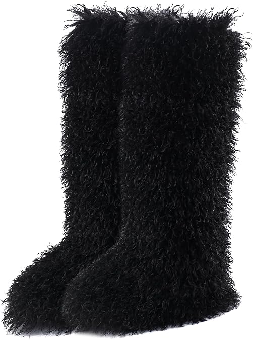 Valpeak Faux Fur Tall Furry Boots for Womens,Long Winter Boots for Girls,Mongolian Fluffy Boots for Kids Fuzzy Knee-High Boots(LongMongolianBlack,12)