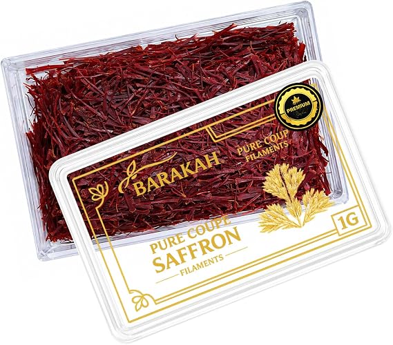 Barakah Premium Spanish Saffron Threads 1g - Pure All-Red Kesar (Safran) for Tea, Rice, Paella & Desserts - High Colouring Strength & Rich Aroma
