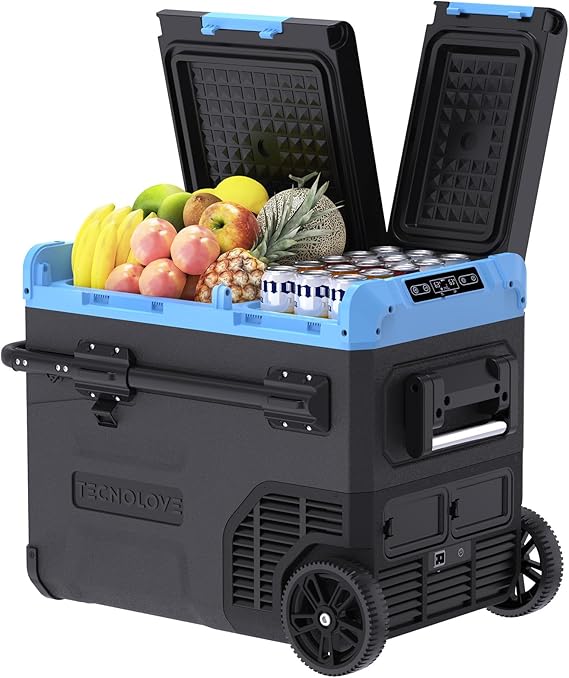 45L Dual Zone Car Refrigerator Freezer,4F~68F, 48Qt Compressor Cooler with Reversible Door, Metal Handle, Dual Battery Slot, 100240V AC / 12V / 24V DC Powered, LED Light Ice Blue
