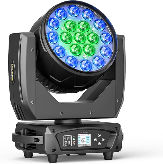 19x15W RGBW 4in1 Moving Head Wash Light, Electronic Zoom Stage Lighting, DMX512 & Sound Activated for DJ Party Wedding KTV Bar Stage Show