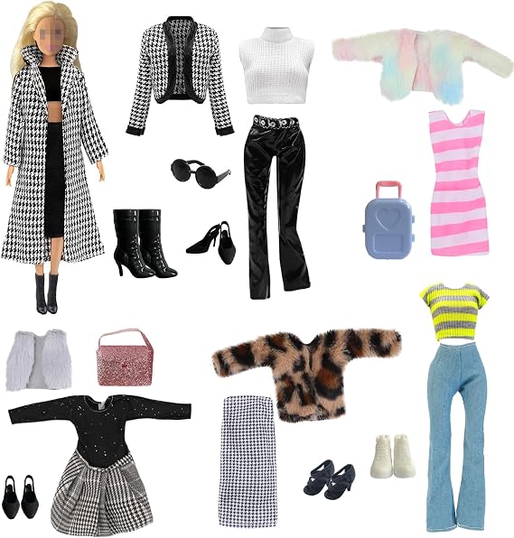 Clothing and Accessories Compatible with Barbie Clothing Includes a Set of a Thousand Bird Tombs 5 Other Winter Fashion and 6 Pairs of Shoes a Suitcase Handbag and Glasses