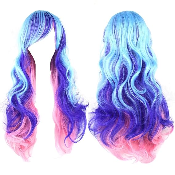 S-SSOY 27" Women's Anime Cosplay Wigs Long Curly Wave Costume Ombre Pink Purple Blue Gradient Lolita Harajuku Style Colorful Wavy Hair Synthetic Halloween Party Wig with Bangs for Girl Women +Wig Cap