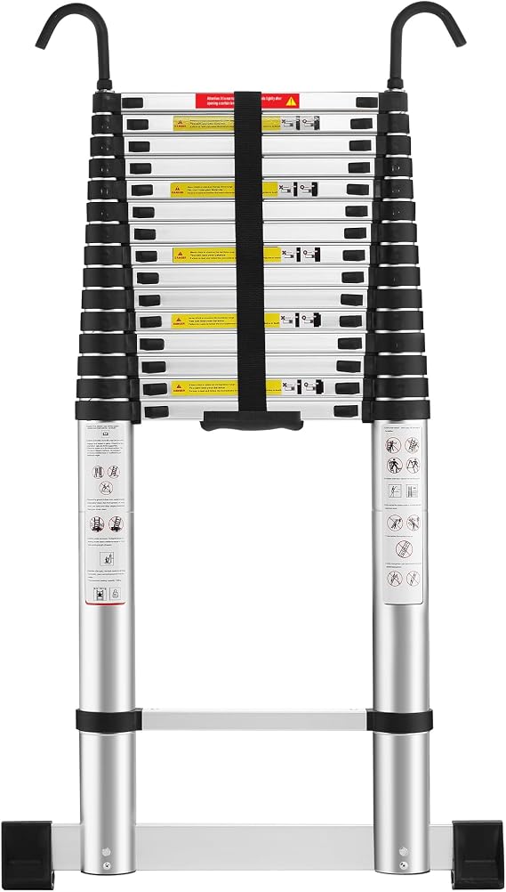 STANEW Aluminium Teleskopleiter 62M mit Stabilisator und abnehmbaren Haken Leiter AusziehbarAußenleiter Klappleiter mit Anti-Rutsch-Füße Maximale Belastbarkeit 150 kg EN131