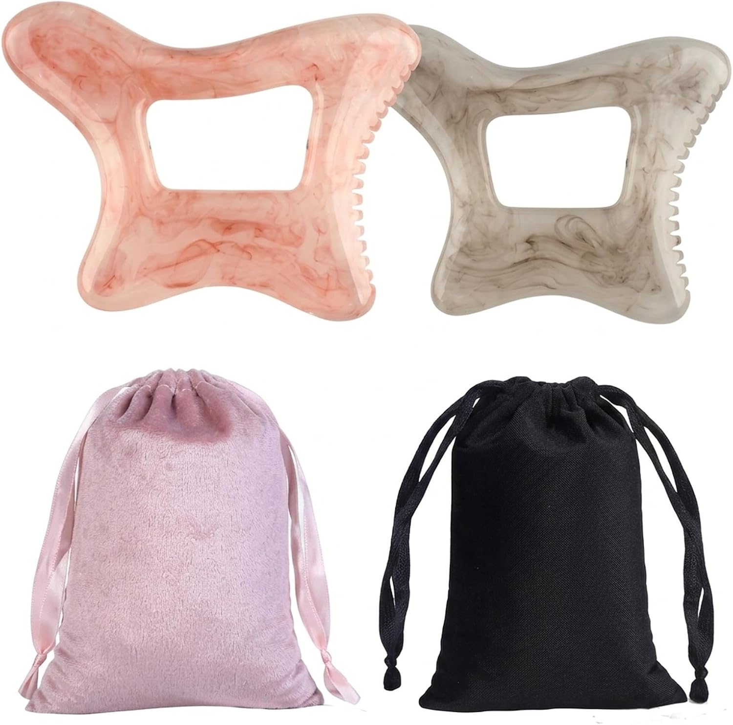 Lymphatic Drainage Brush and Gua Sha Tool, Cellulite Massager for Body and Face, Set of 4 Pieces in Pink, Black and Grey Colours, Ergonomic Design for Personal Care Routine