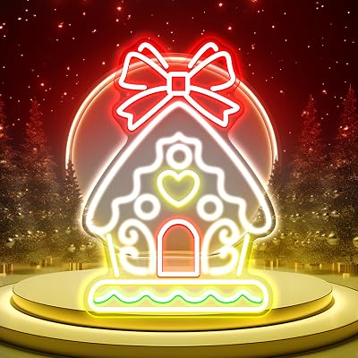 Gingerbread Houses Neon Sign Christmas Lights Lighted House Window Party Decorations LED Light Up Sign 5V, 9.1  13In