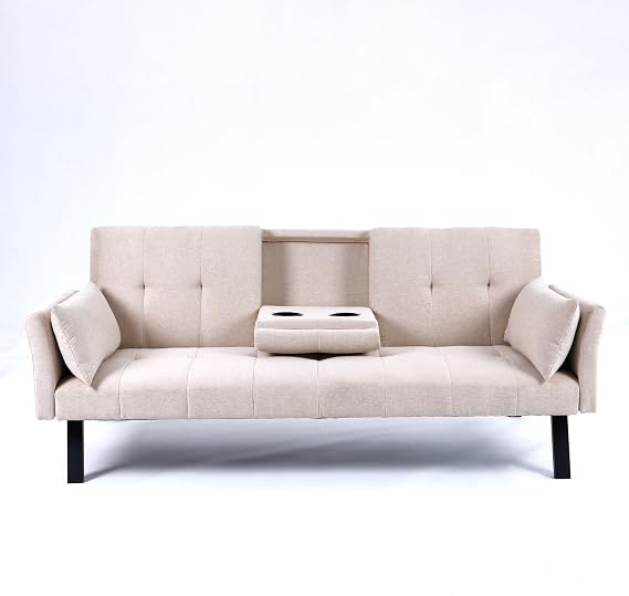Beige Convertible Futon Sofa Bed with Cup Holder, Cotton and Linen Folding Futon Couch, Recliner Lounge for Living Room with Side Storage, Removable Armrests (Beige)