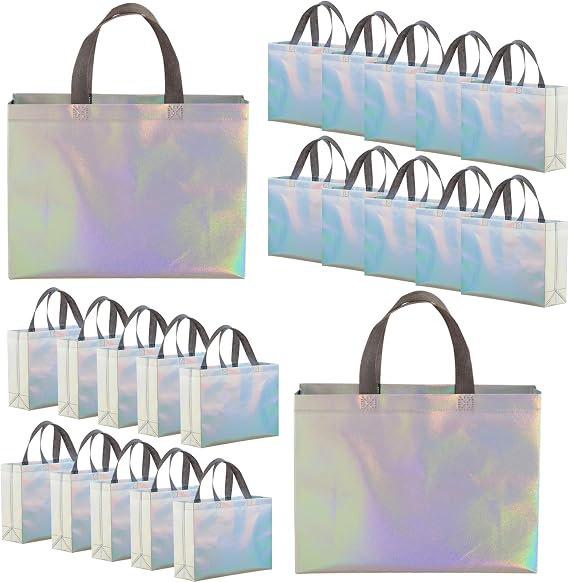 30-pack Iridescent Reusable Gift Bags with Handles 15.7 x 11.8 x 3.9 in Large Non Woven Shopping Grocery Bags Holographic Goodie Tote Bag for Party, Holiday, Birthday, Wedding, Bachelorette