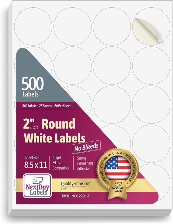 NextDayLabels Round Labels, 2 Inch, Made in USA, 500 Labels, 25 Sheets