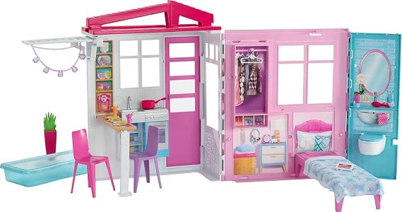 Barbie Dollhouse, Portable 1-Story Playset with Pool and Accessories, for 3 to 7 Year Olds
