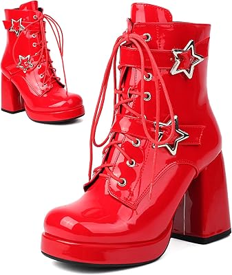 Womens Belt Buckle Chunky High Heel Ankle Boots Fashion Patent Leather Lace Up Gothic Knight Mid Calf Booties Round Toe Side Zipper Platform Boots