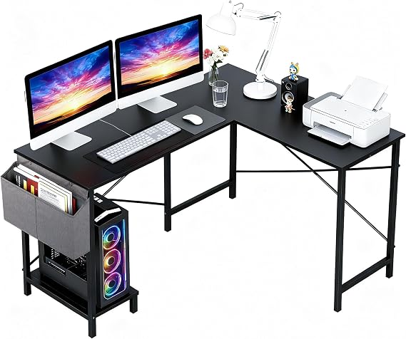 PayLessHere 50 Inch L-Shaped Computer Desk,Gaming Desk with Durable Metal Frame,Corner Desk with Side Storage Bag & CPU Stand for Home Office Gaming Study,Black