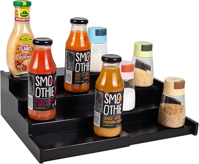 Spice Rack Kitchen Cabinet Organizer: 4 Tier Bamboo Expandable Spice Storage Display,Spice Shelves Adjustable Seasoning Organizer Black